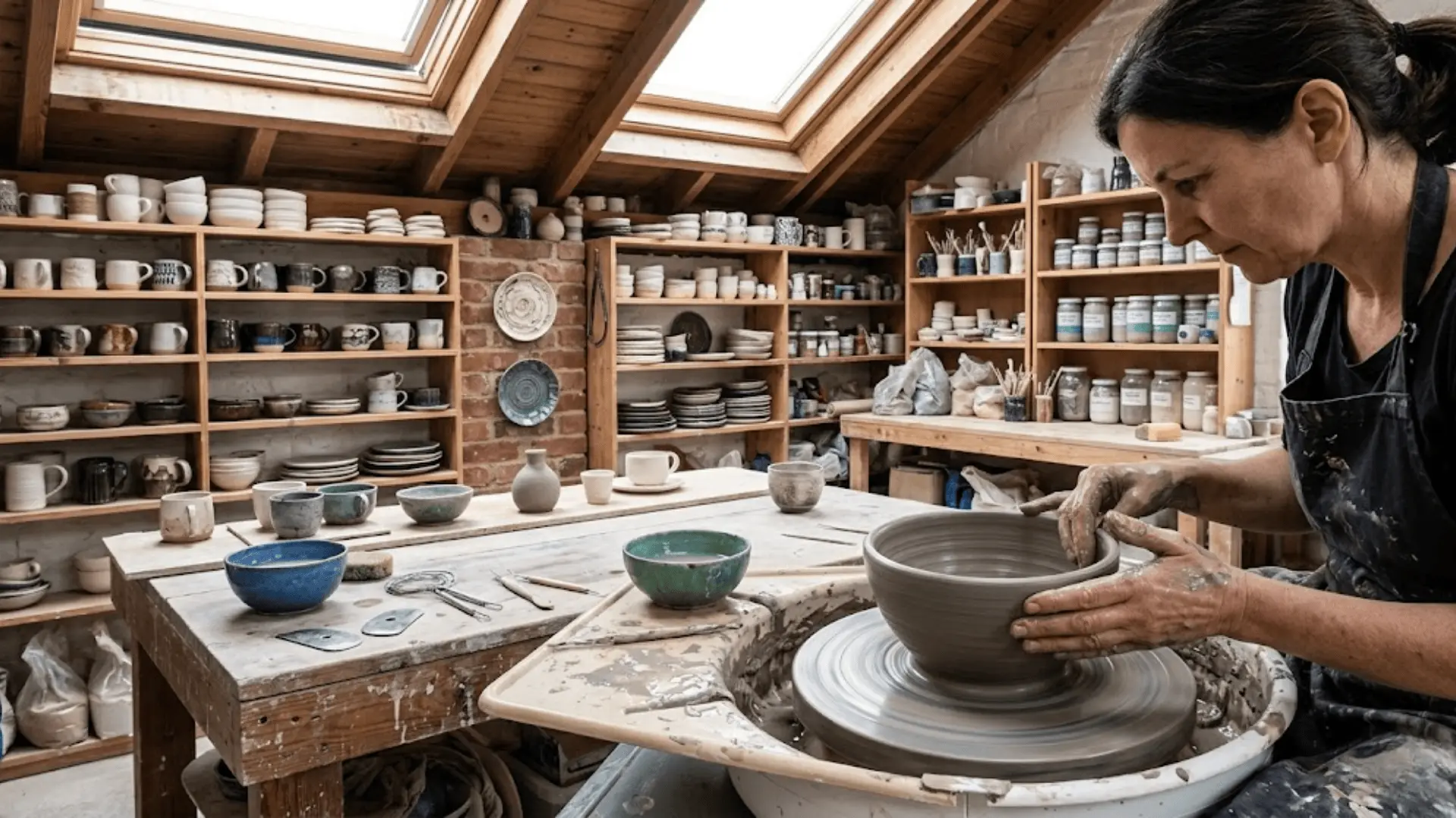 hands shaping clay on pottery wheel in sunlit studio with ceramic pieces and tools on workbench background
