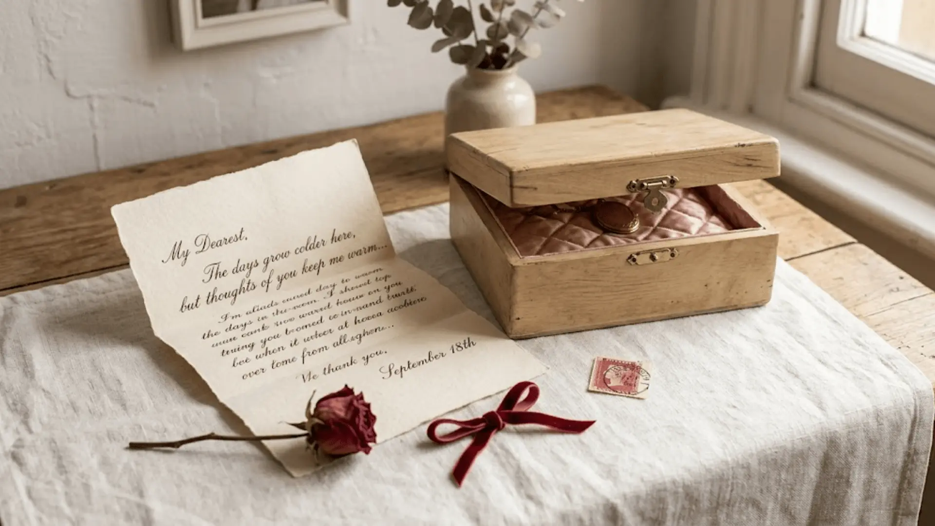handwritten letter beside pale wooden keepsake box with dried rose and ribbon on linen in warm light