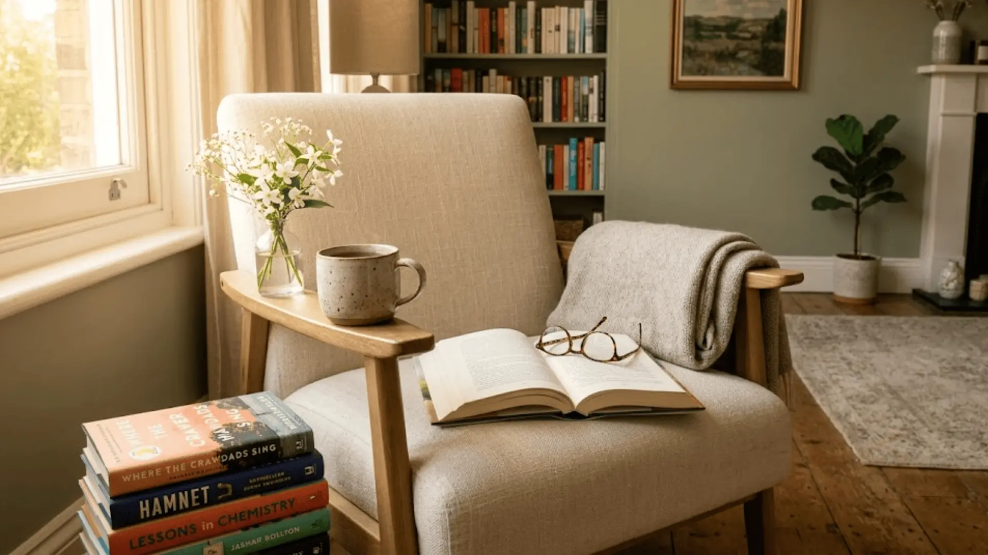 hardcover book open on linen armchair with reading glasses, tea mug, and white flowers in afternoon light
