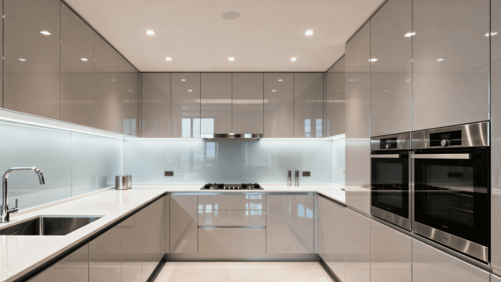 High-gloss floor-to-ceiling kitchen cabinets in a luxury modern space