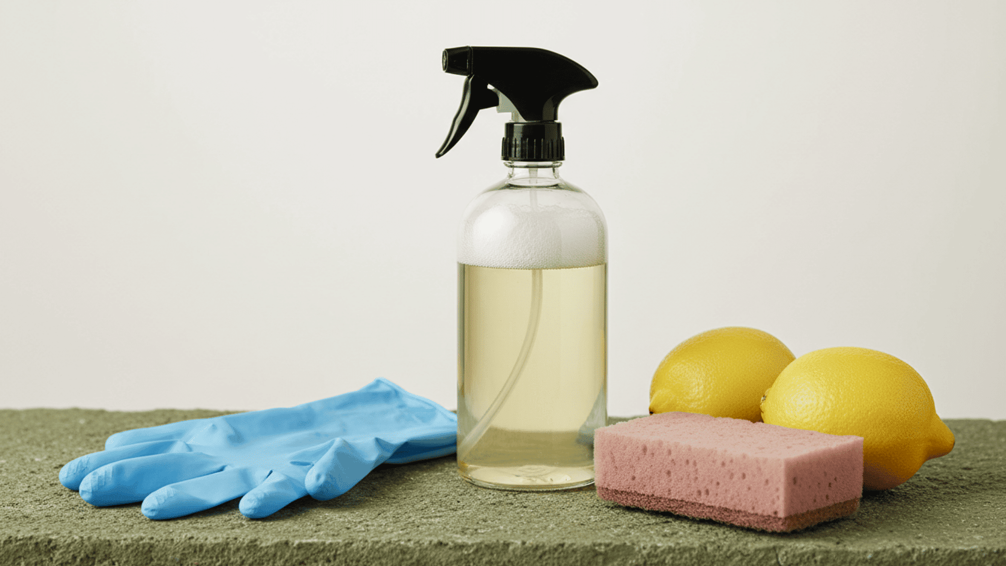 Homemade cleaning spray bottle with gloves, sponge, and lemons on a surface