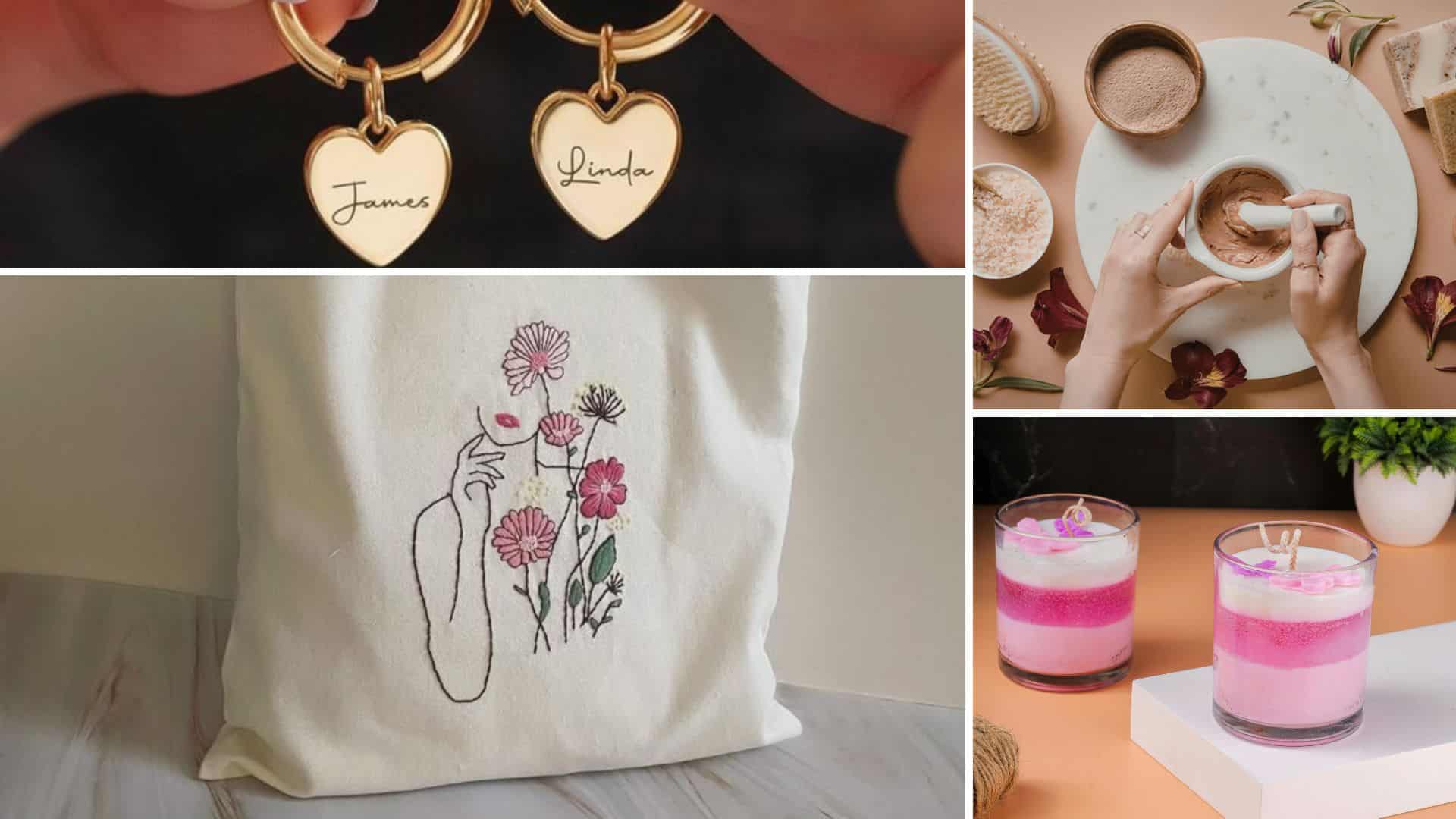 Homemade Mother's Day gift ideas personalized heart-shaped jewelry, embroidered tote bag, DIY skincare products, and handmade candles