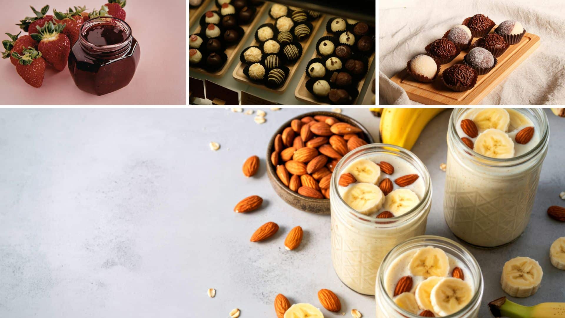 Homemade Mother's Day gifts strawberry jam, homemade chocolates, and healthy banana-almond smoothies in mason jars