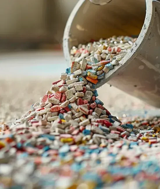 Colorful pills being poured from bucket onto floor in industrial setting