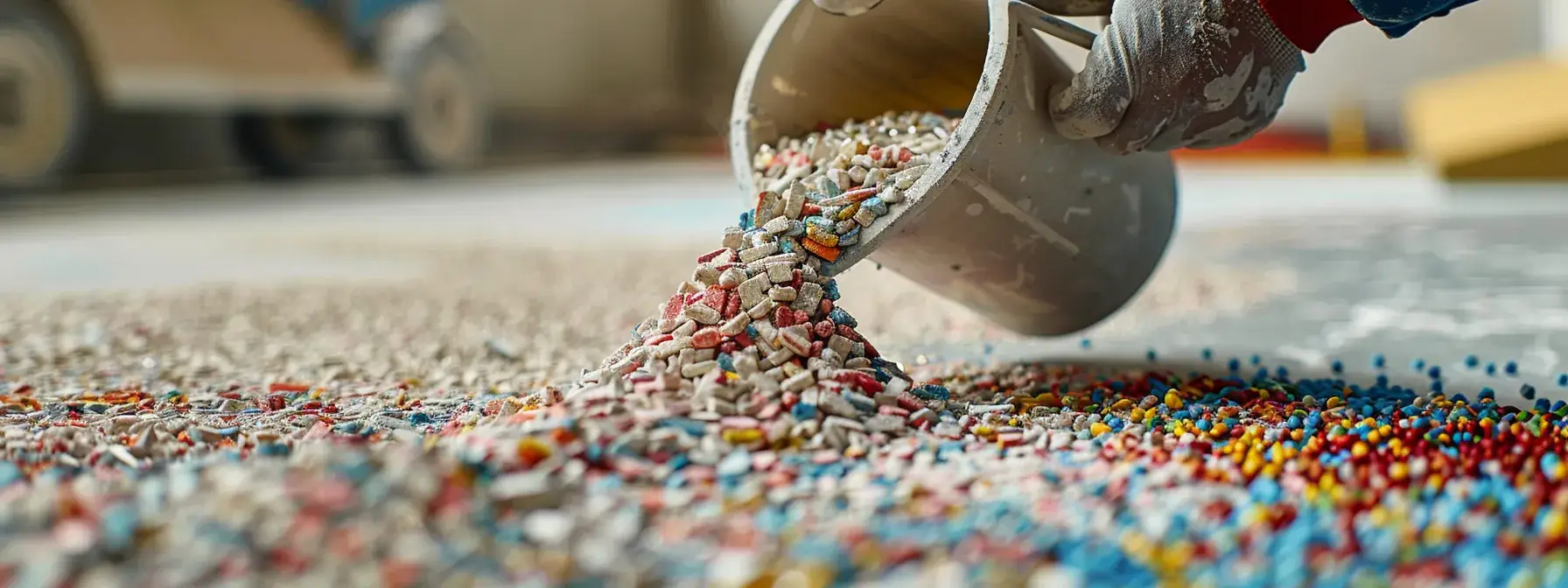 Colorful pills being poured from bucket onto floor in industrial setting