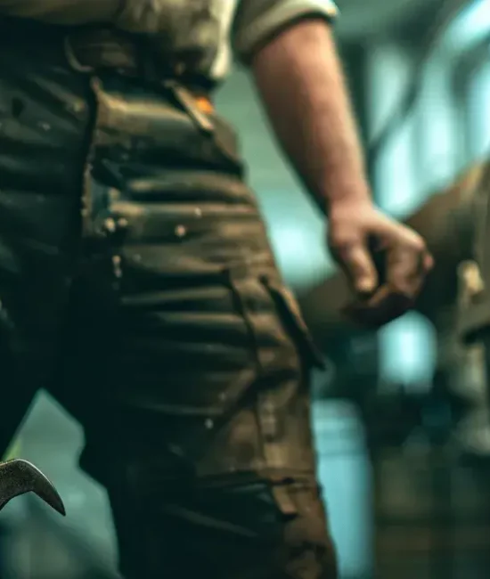 Worker holding large wrench beside industrial machinery in dimly lit workshop