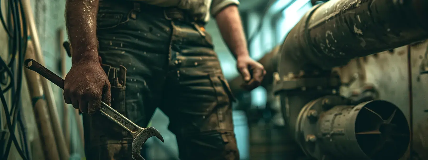 Worker holding large wrench beside industrial machinery in dimly lit workshop