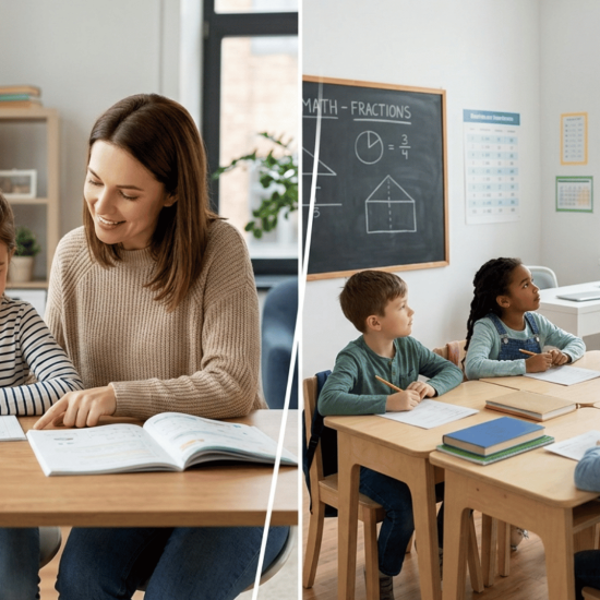 Homeschool vs public school comparison showing home study and classroom setup