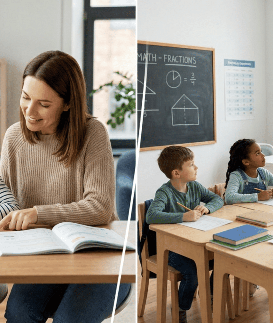 Homeschool vs public school comparison showing home study and classroom setup
