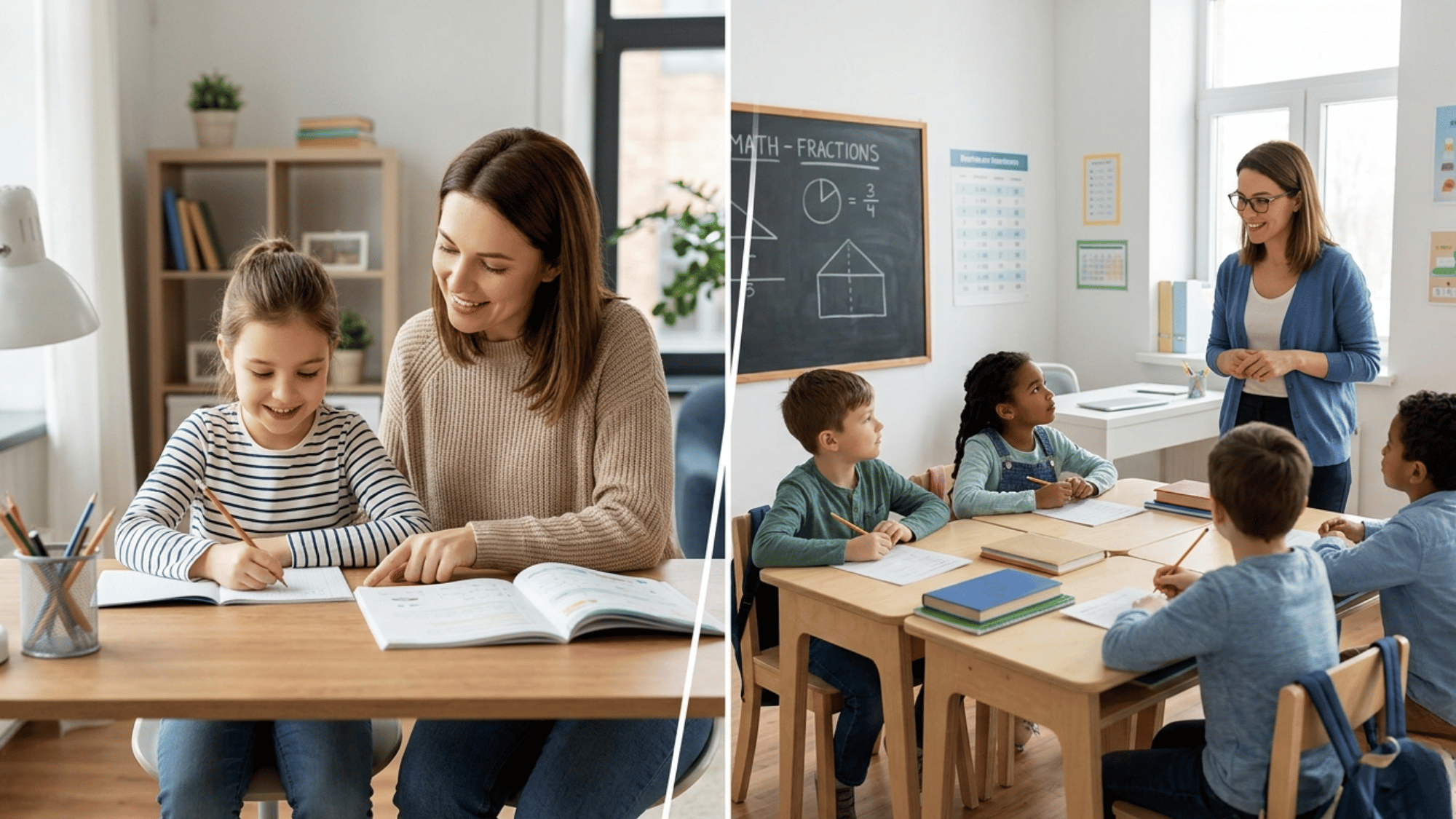 Homeschool vs public school comparison showing home study and classroom setup