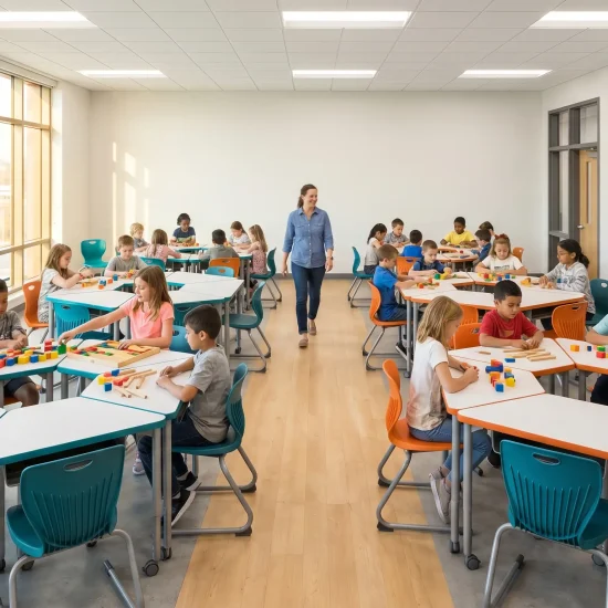 Children working on educational activities at colorful tables in a bright, modern classroom