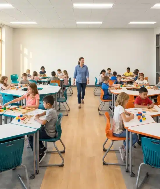 Children working on educational activities at colorful tables in a bright, modern classroom