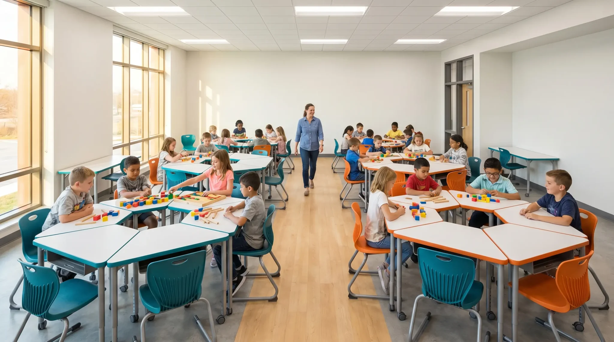 Children working on educational activities at colorful tables in a bright, modern classroom