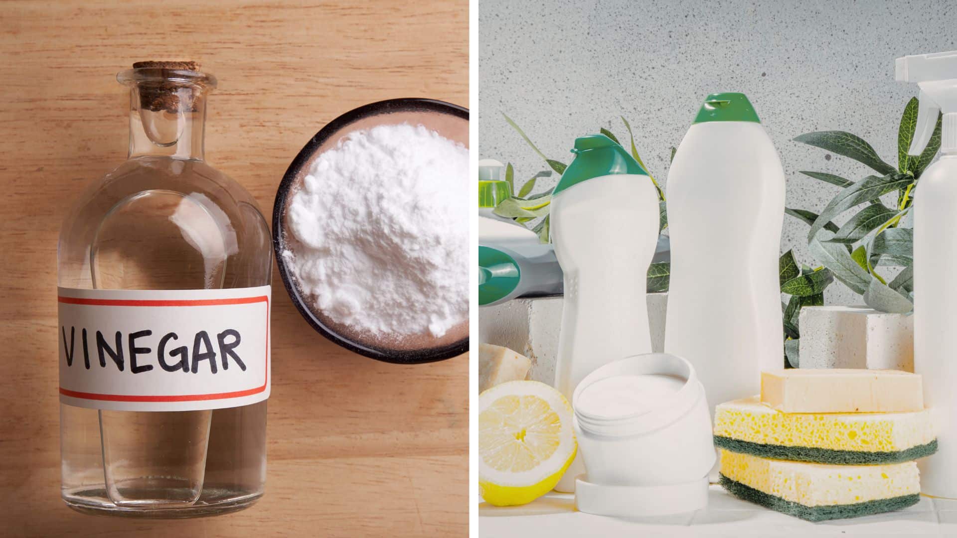 How to remove hard water stains using vinegar and baking soda with natural cleaning supplies, sponges, and spray bottles for effective cleaning