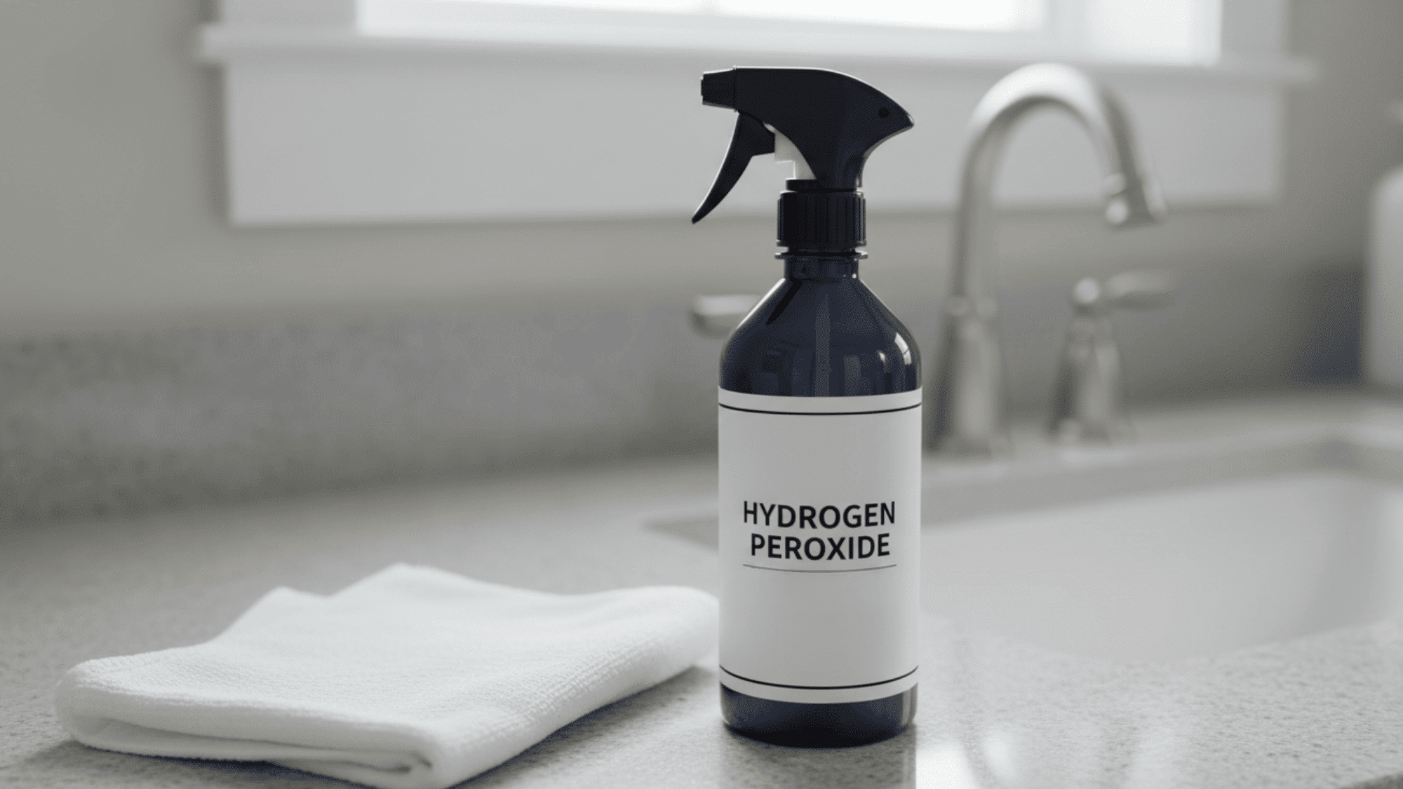 Hydrogen peroxide disinfectant spray bottle on a clean bathroom counter