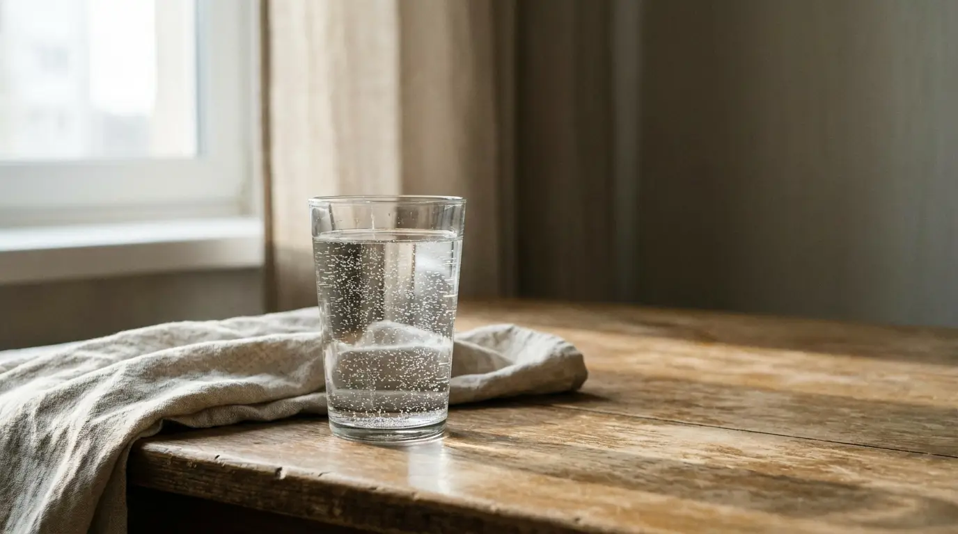 Glass of sparkling water on wooden table near window with beige fabric draped