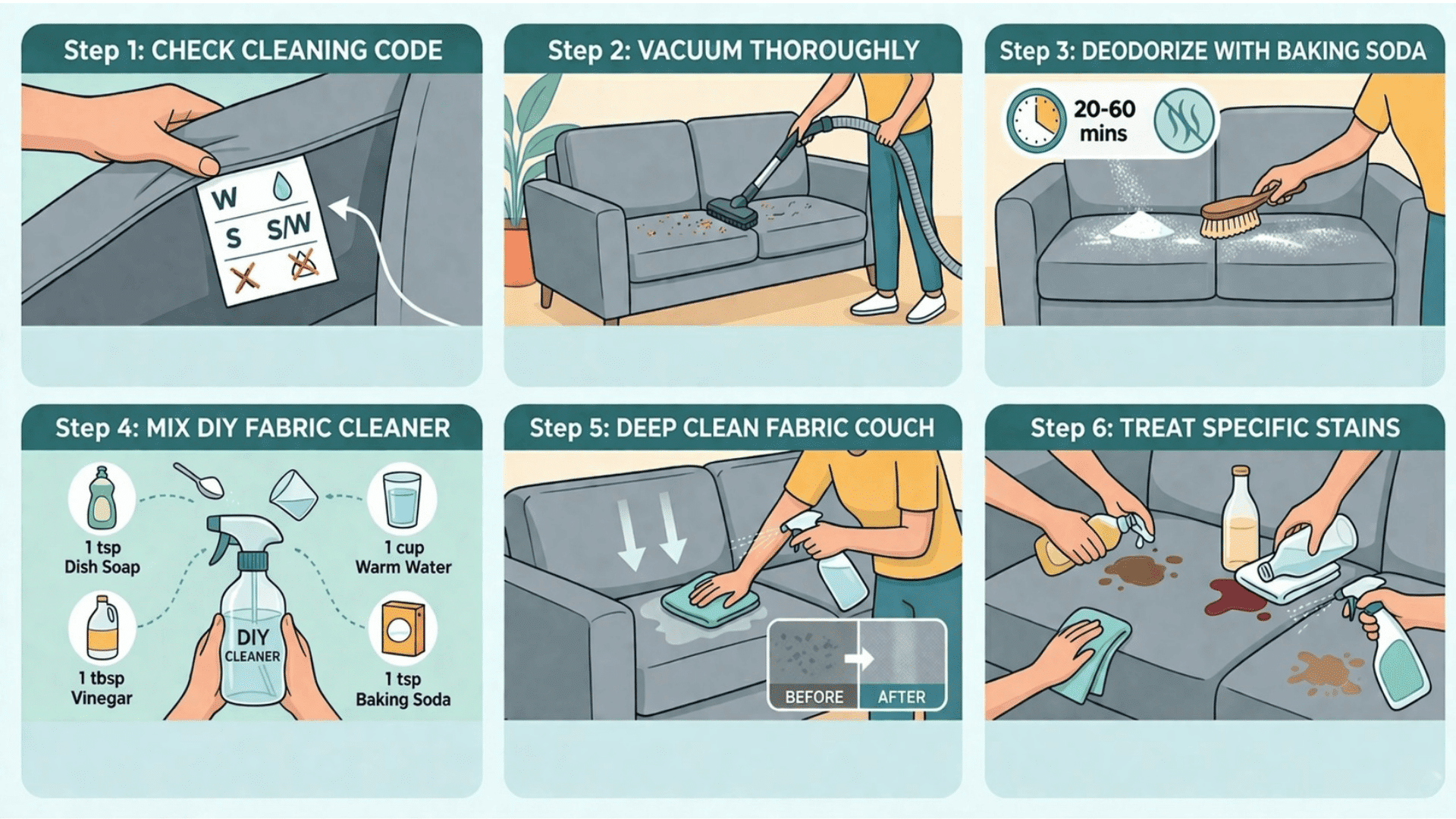 Illustrated step-by-step guide showing how to clean a fabric couch, including vacuuming, deodorizing, DIY cleaner, and stain removal tips.