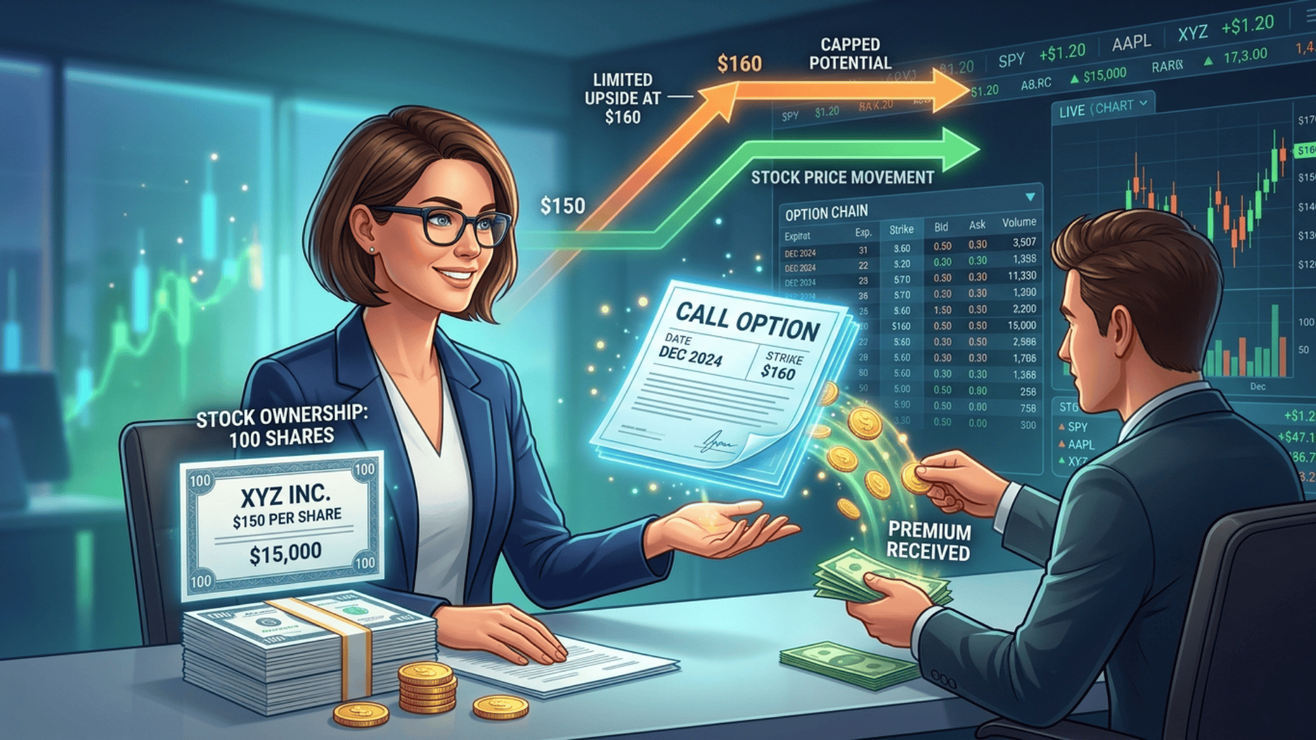 Illustration of a covered call owning hundred shares, selling a call option, receiving premium, and having capped upside at a set price