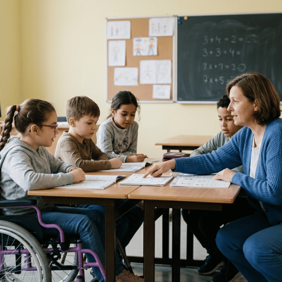 Inclusive classroom showing a child with disability learning with peers