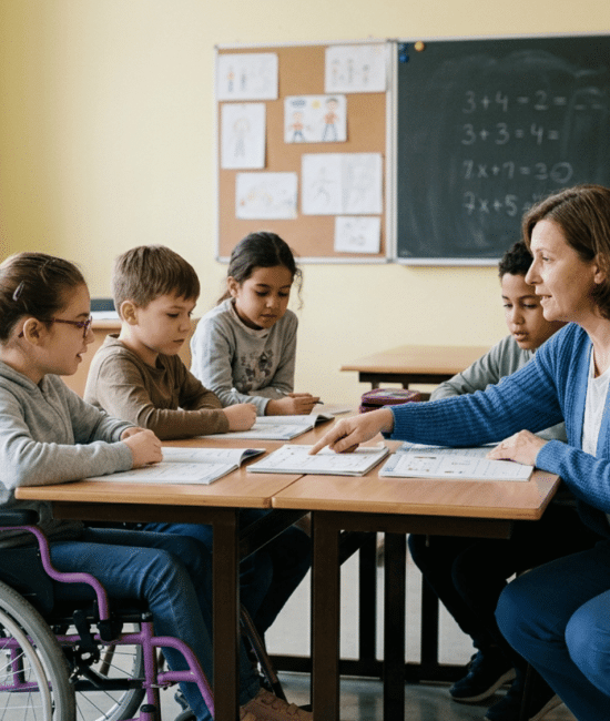 Inclusive classroom showing a child with disability learning with peers