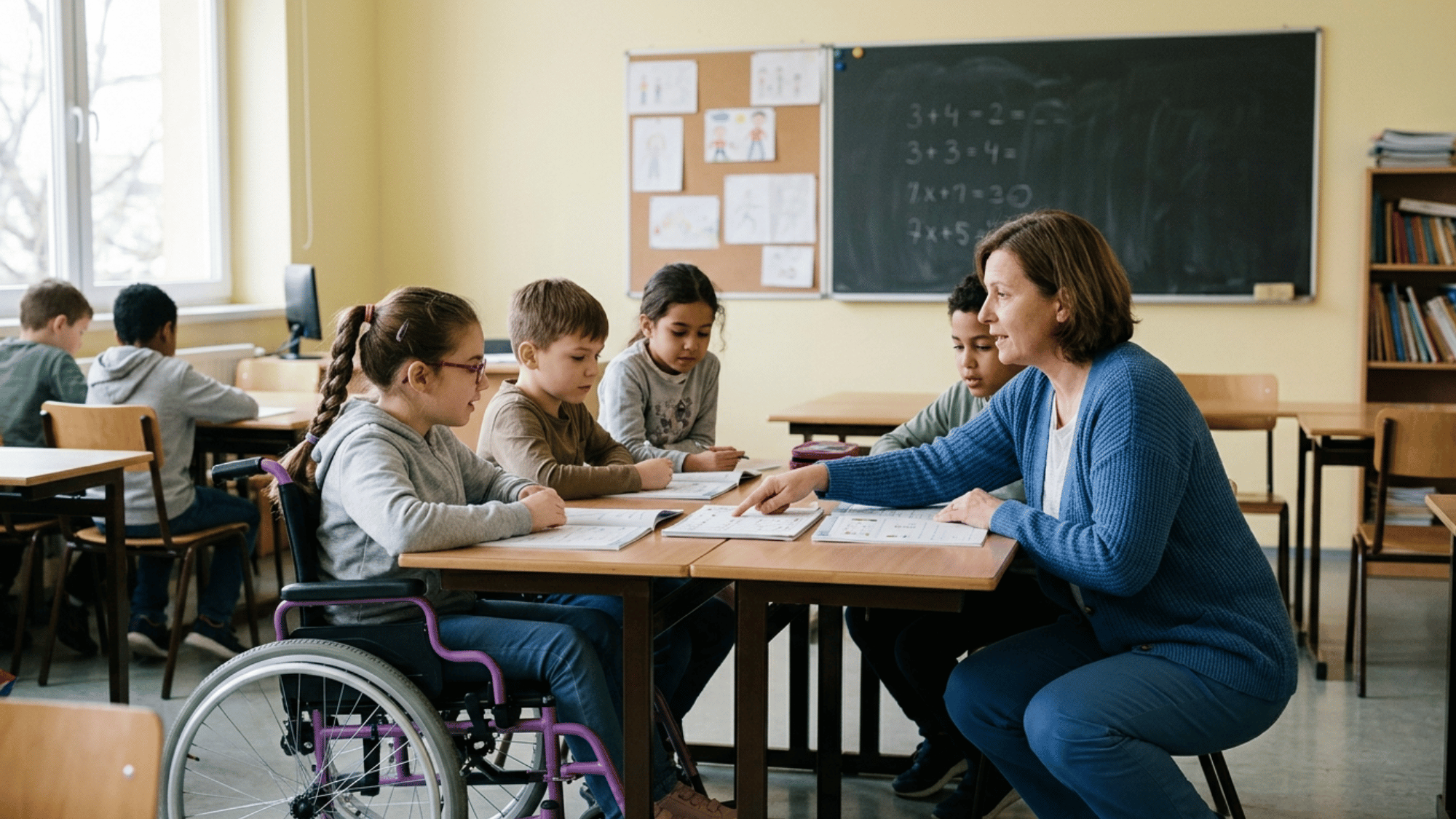 Inclusive classroom showing a child with disability learning with peers