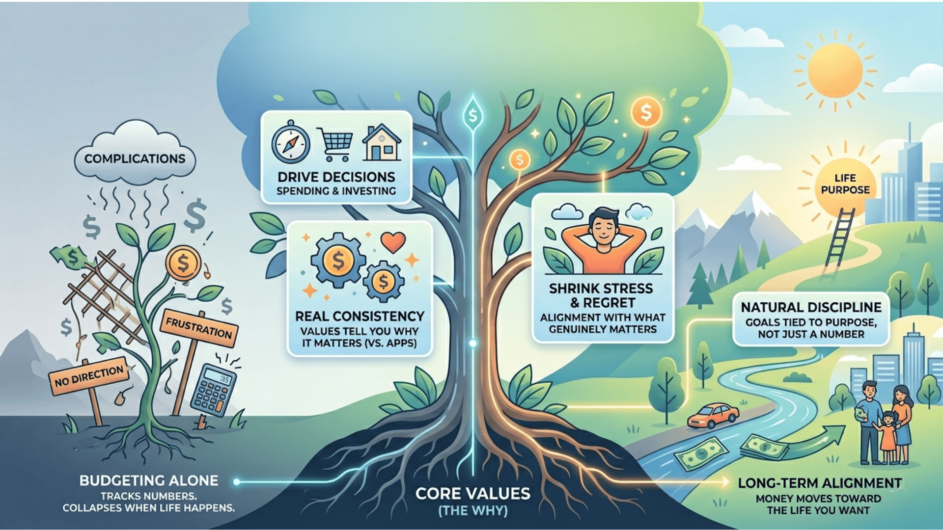 Infographic comparing a weak budget plant to a strong core values tree that leads to a purposeful life and wealth.