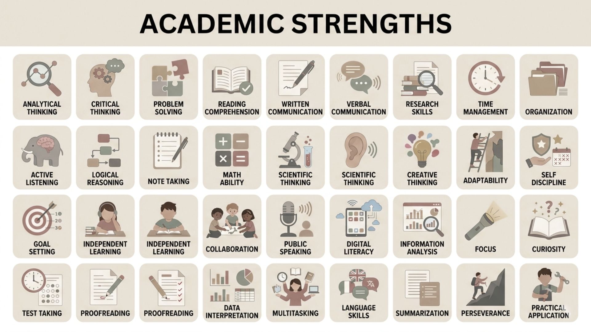 Infographic of academic strengths showing skills like analytical thinking, problem solving, communication, time management, and research abilities