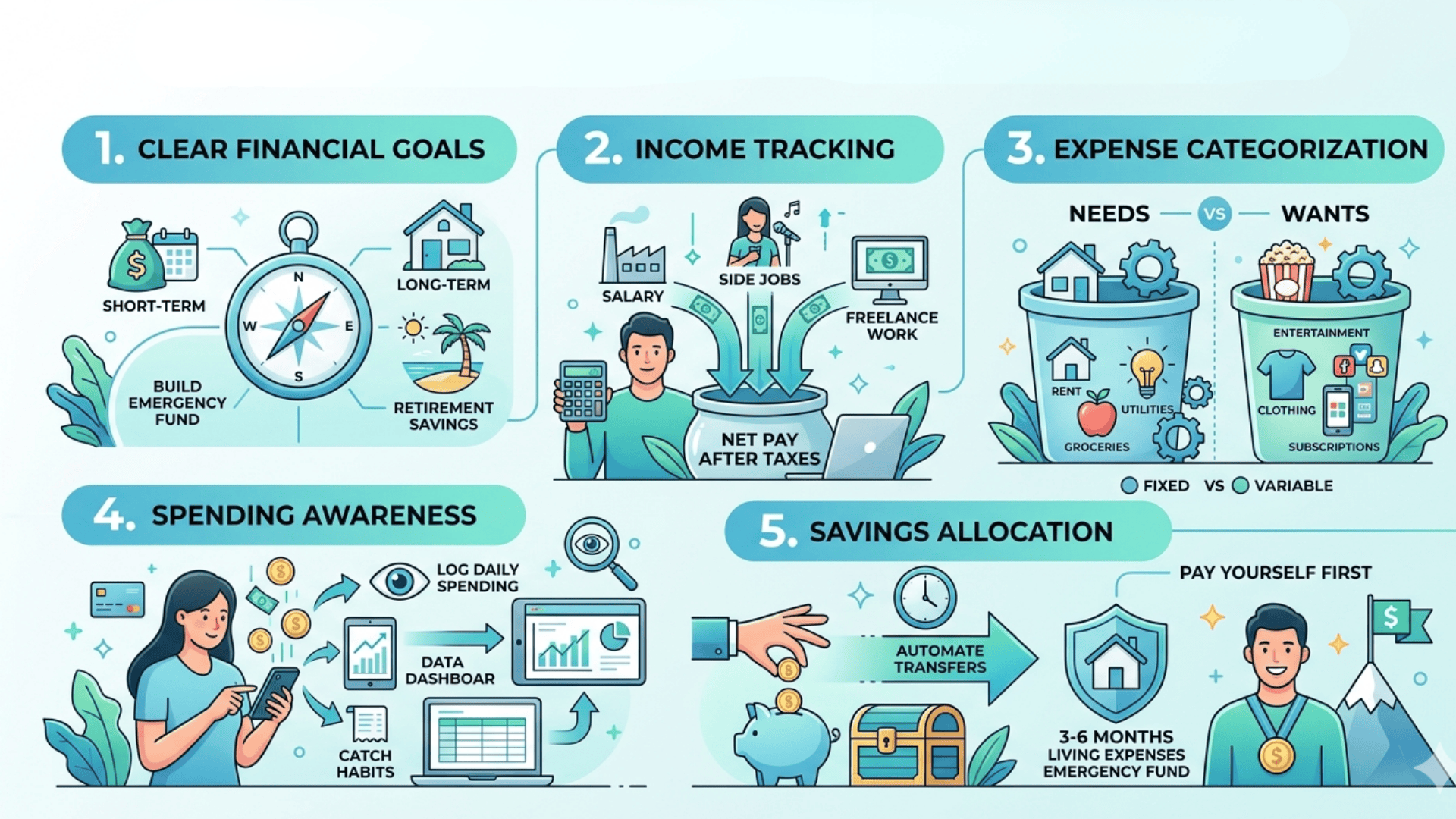 Infographic showing 5 budgeting components goals, income tracking, expense categories, spending awareness, and savings allocation with visuals.