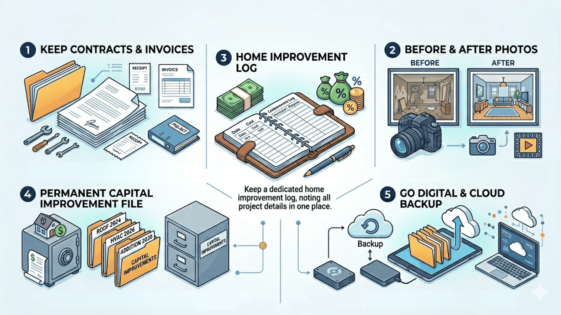 Infographic showing 5 ways to track home improvements contracts, photos, logs, files, and cloud backups for better financial records