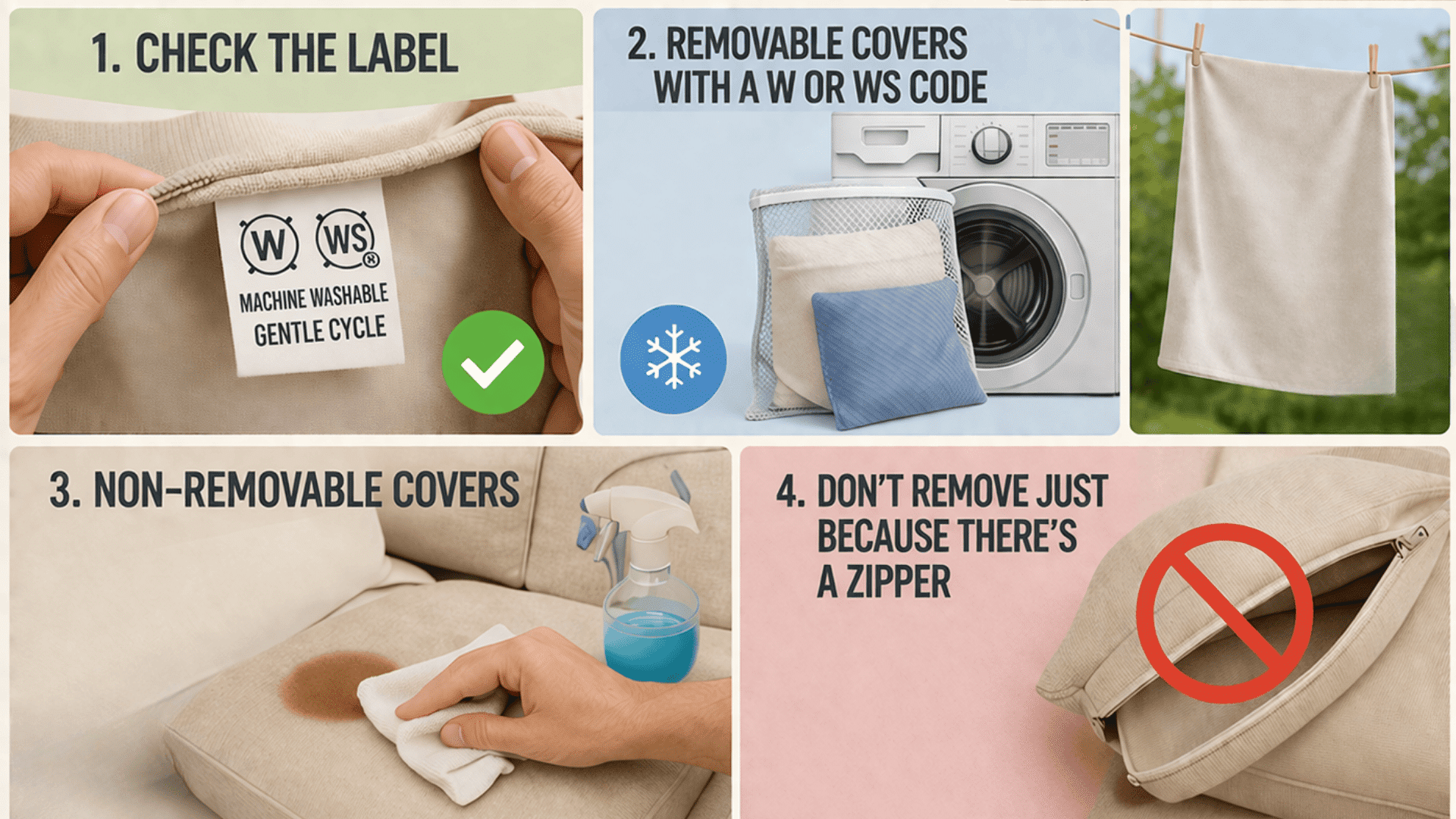 Infographic titled how to clean couch cushion covers with four steps showing label check washing blotting and zipper warning icons