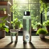 Reusable water bottle and glass on wooden table in sunlit kitchen with houseplants
