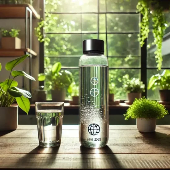 Reusable water bottle and glass on wooden table in sunlit kitchen with houseplants