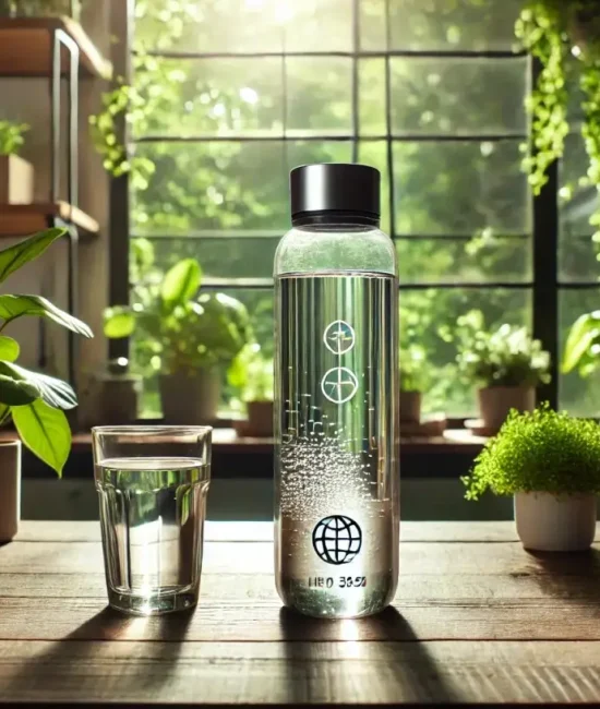 Reusable water bottle and glass on wooden table in sunlit kitchen with houseplants