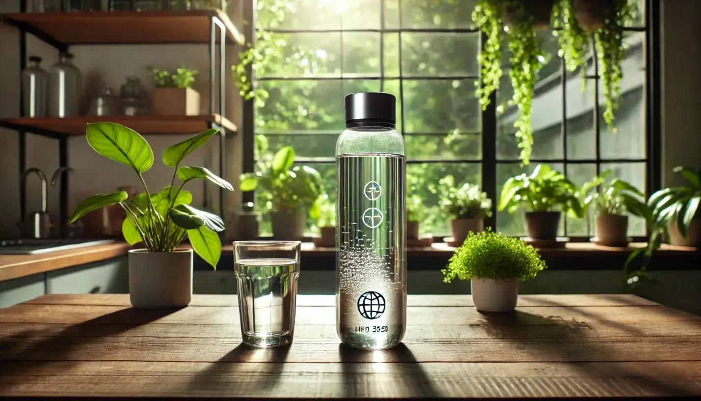 Reusable water bottle and glass on wooden table in sunlit kitchen with houseplants