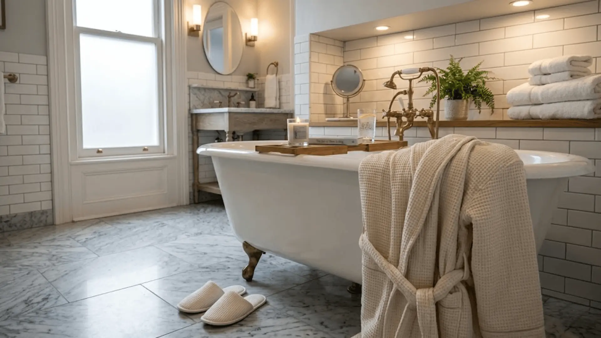ivory waffle bathrobe on clawfoot tub with slippers and bath caddy holding candle and book in warm light
