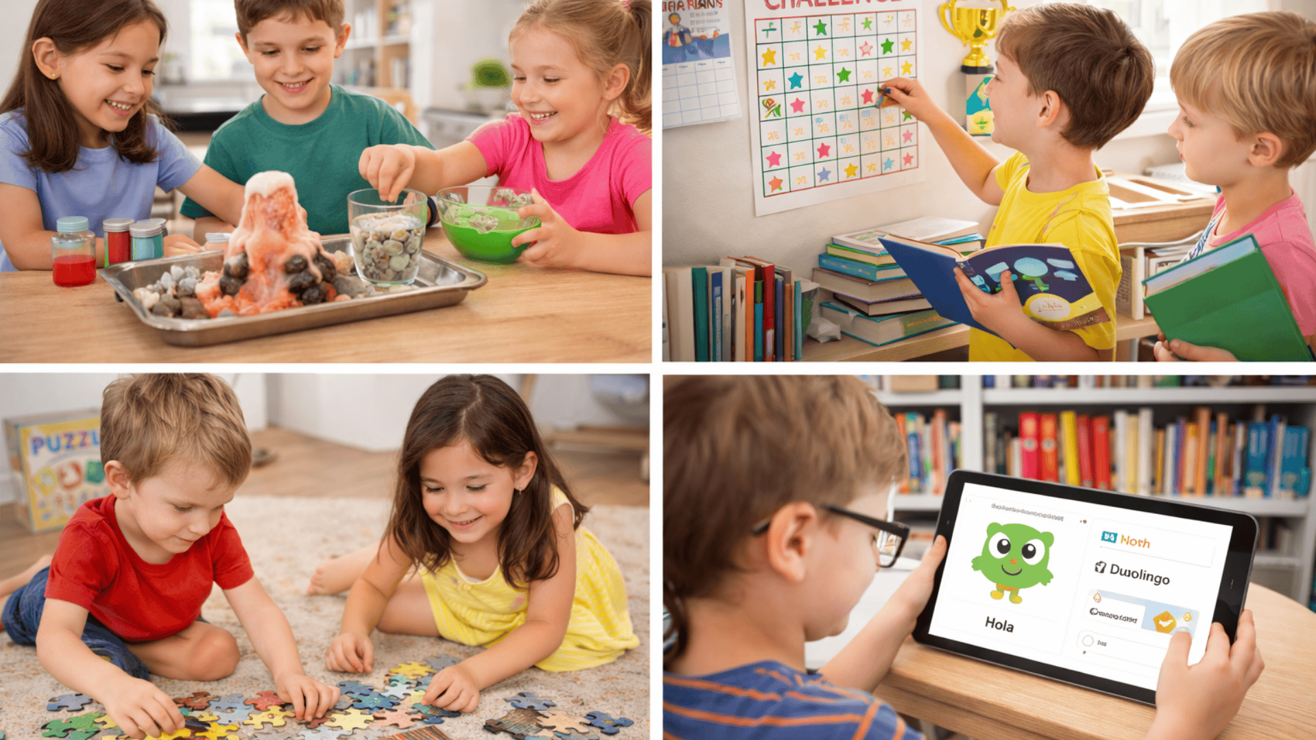 Kids doing science experiment, tracking reading chart, solving puzzle, and using language app in a bright 169 collage