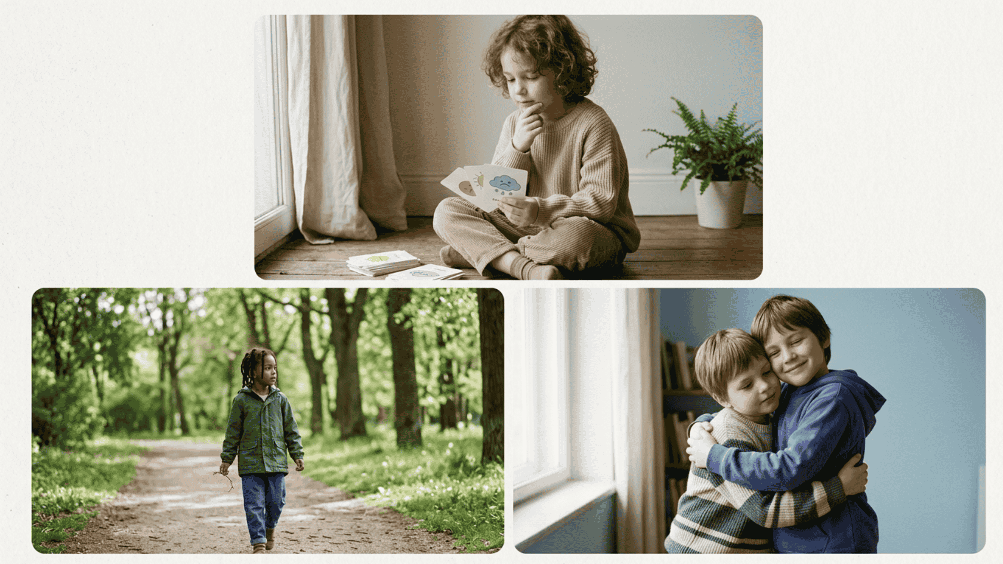 Kids feeling emotions, walking outside, and sharing a comforting hug.