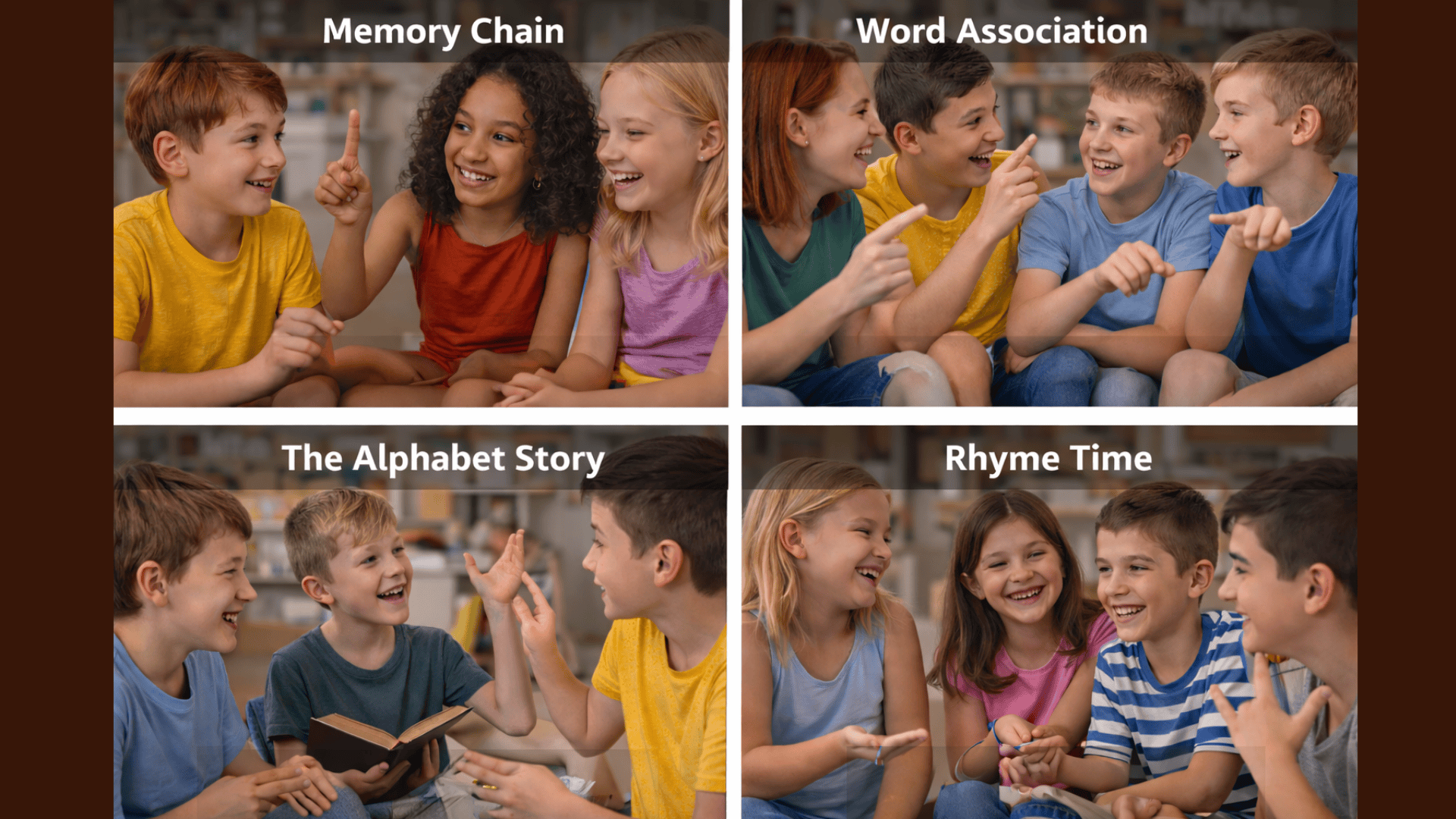 Kids play storytelling, one-word game, ask only questions, and do funny impressions in a lively four-panel collage (1)