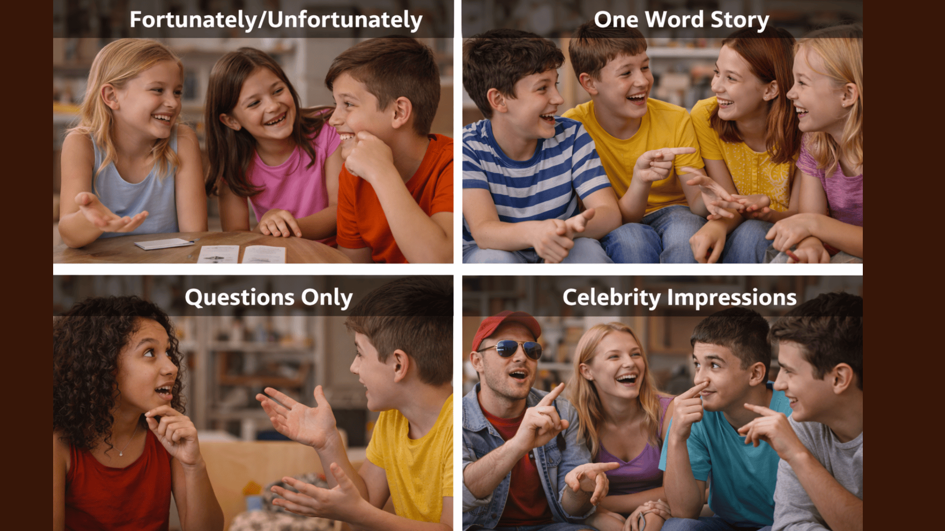 Kids play storytelling, one-word game, ask only questions, and do funny impressions in a lively four-panel collage