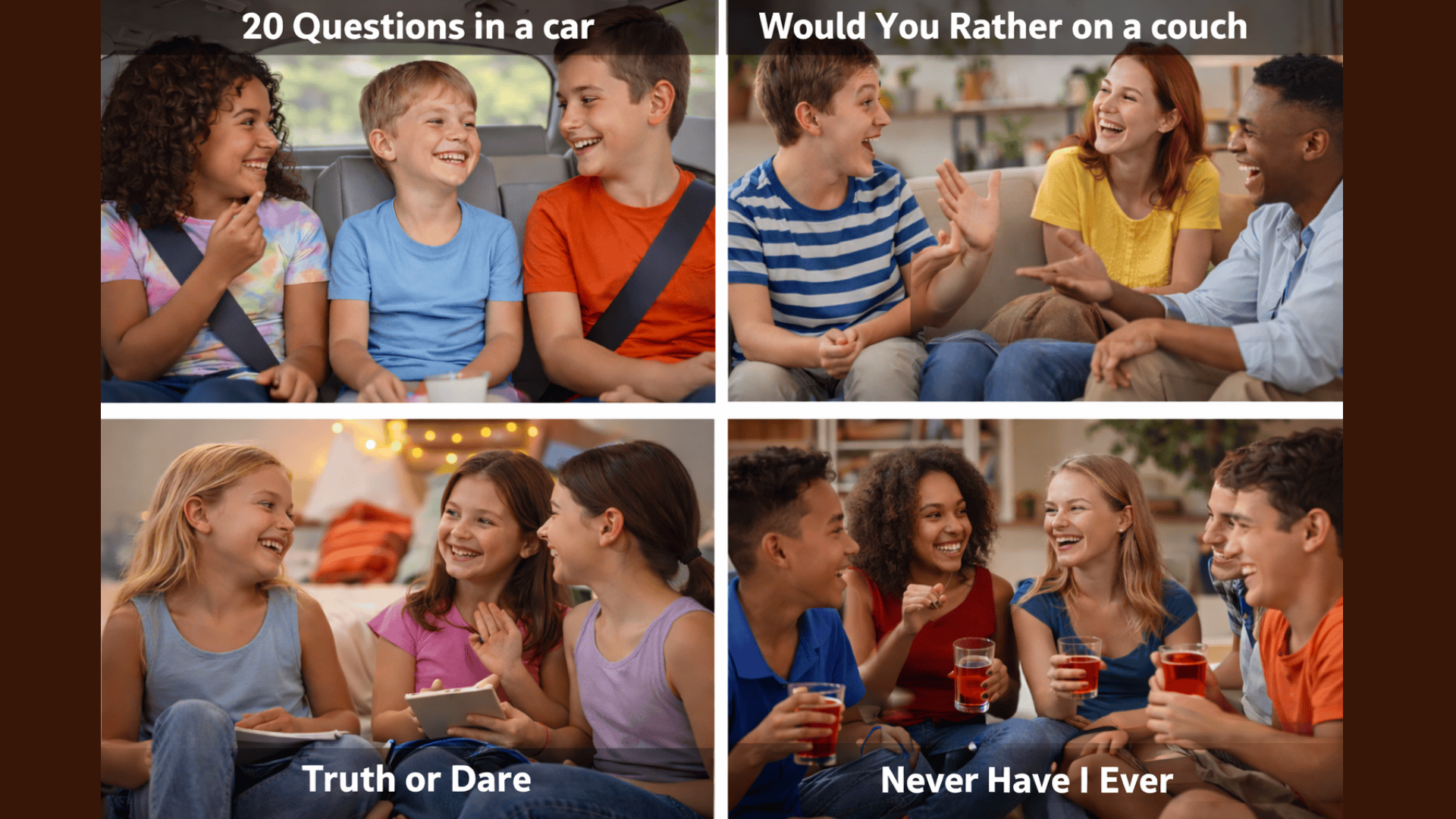 Kids playing car guessing game, chatting on couch, laughing during truth game, and sharing stories in a fun group setting collage