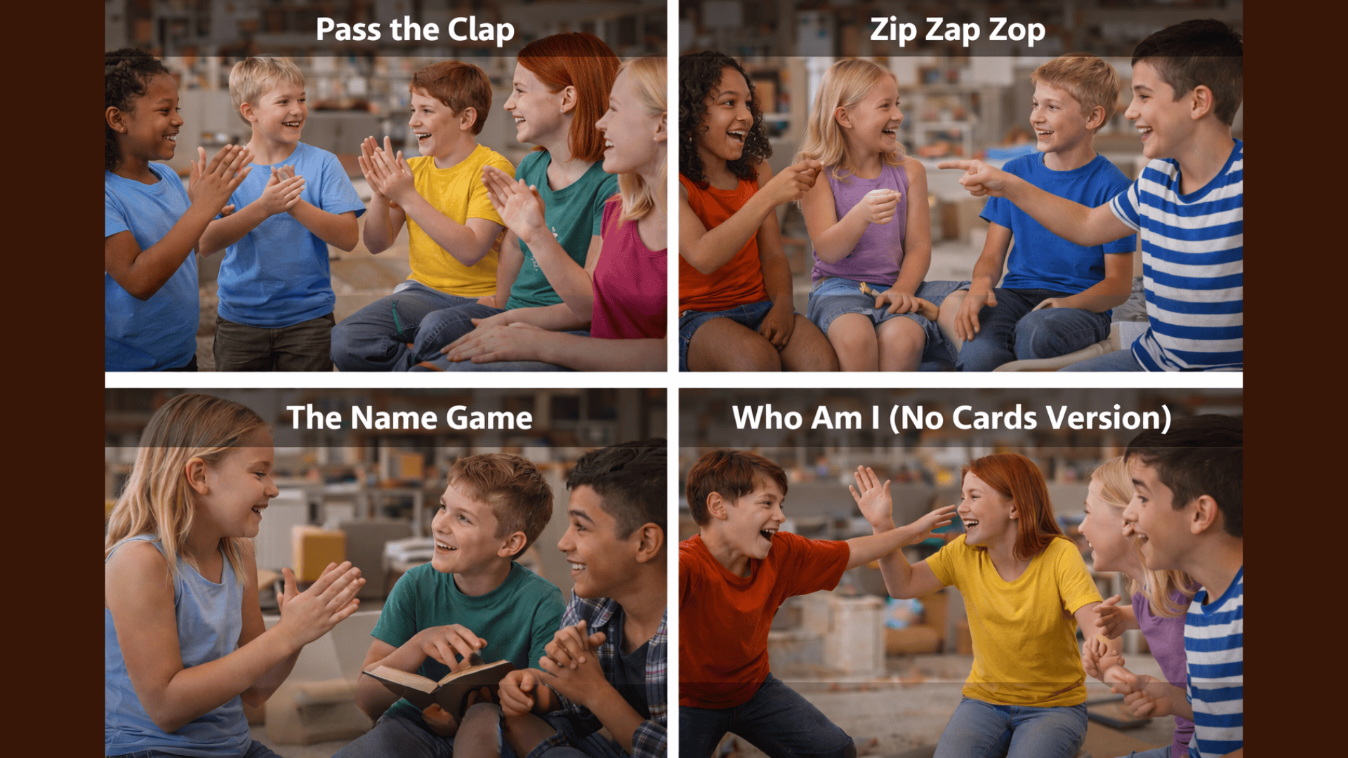Kids playing clap game, pointing game, name chain, guessing game, and acting freeze in a lively indoor group collage