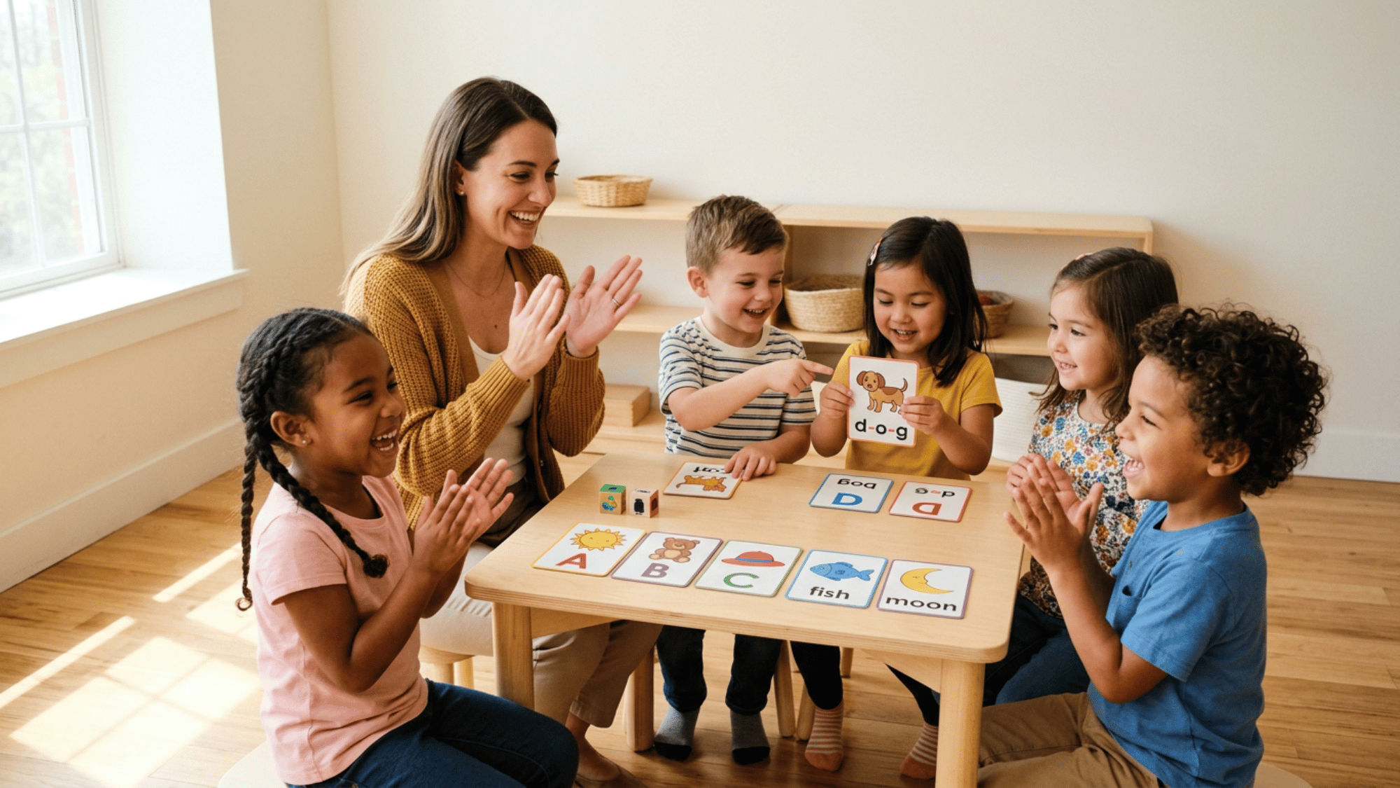 Kids playing simple phonemic awareness games like clapping and sound matching.