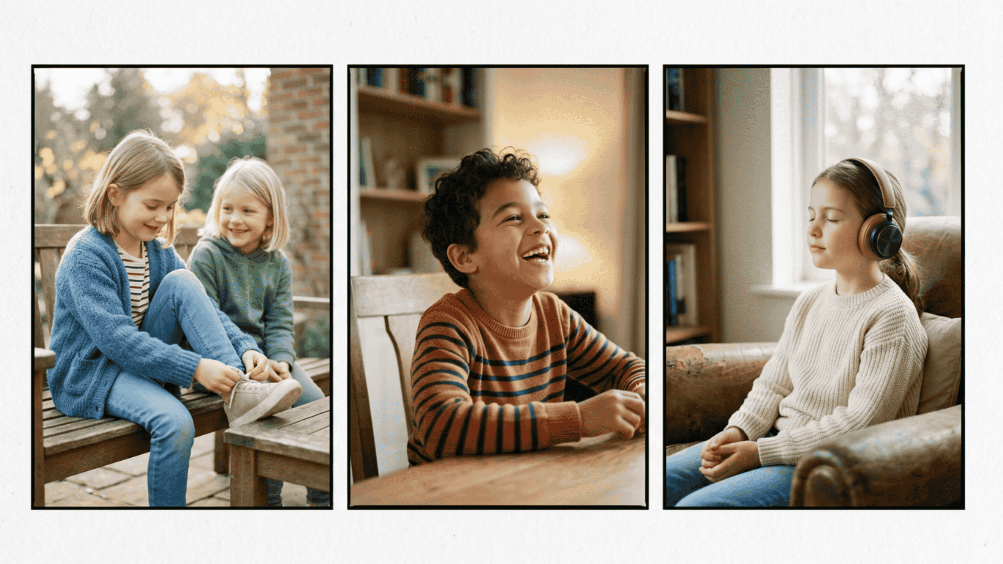 Kids showing kindness, laughing, and listening to music calmly