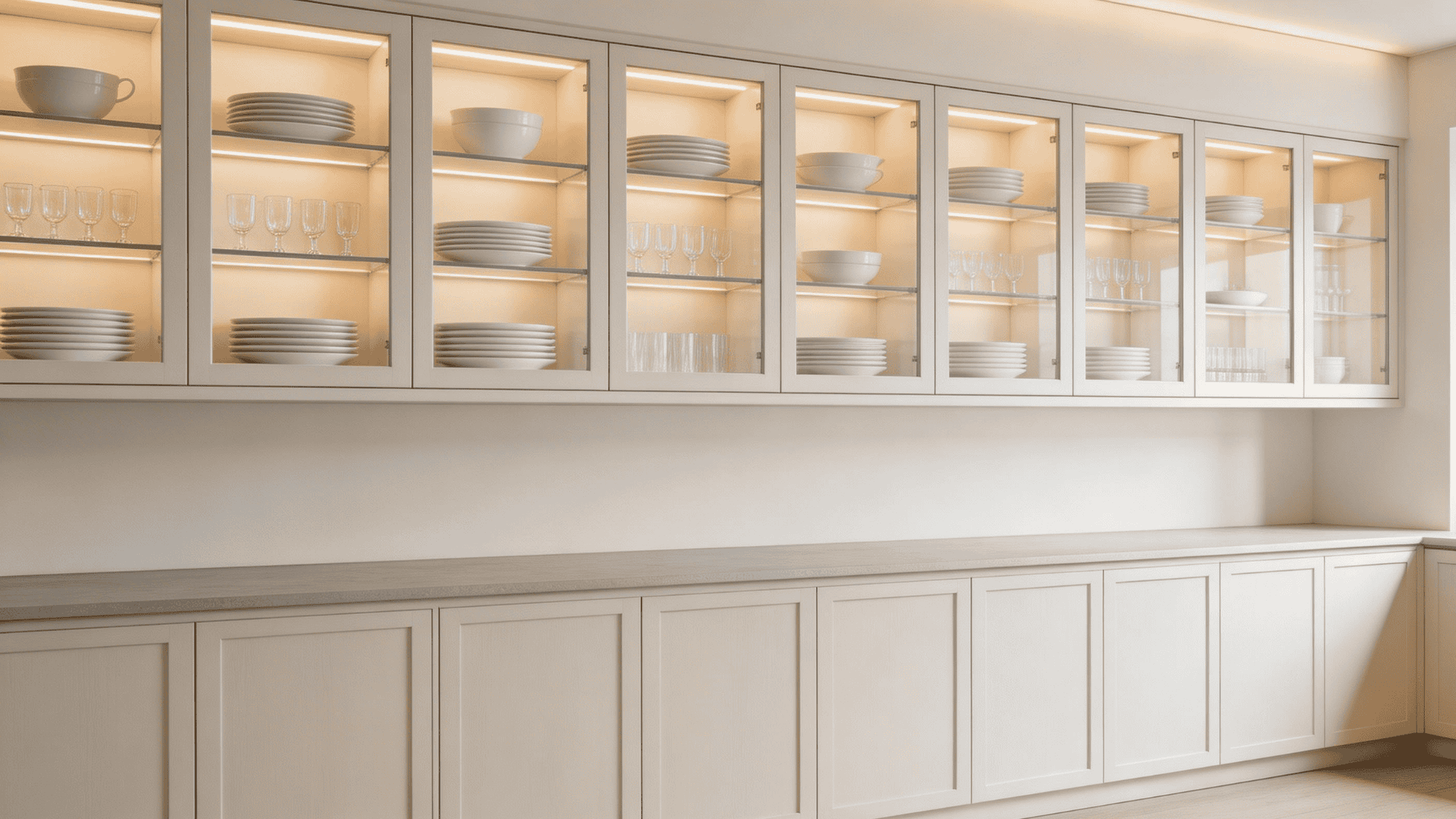 Kitchen cabinets with glass-front upper sections for display