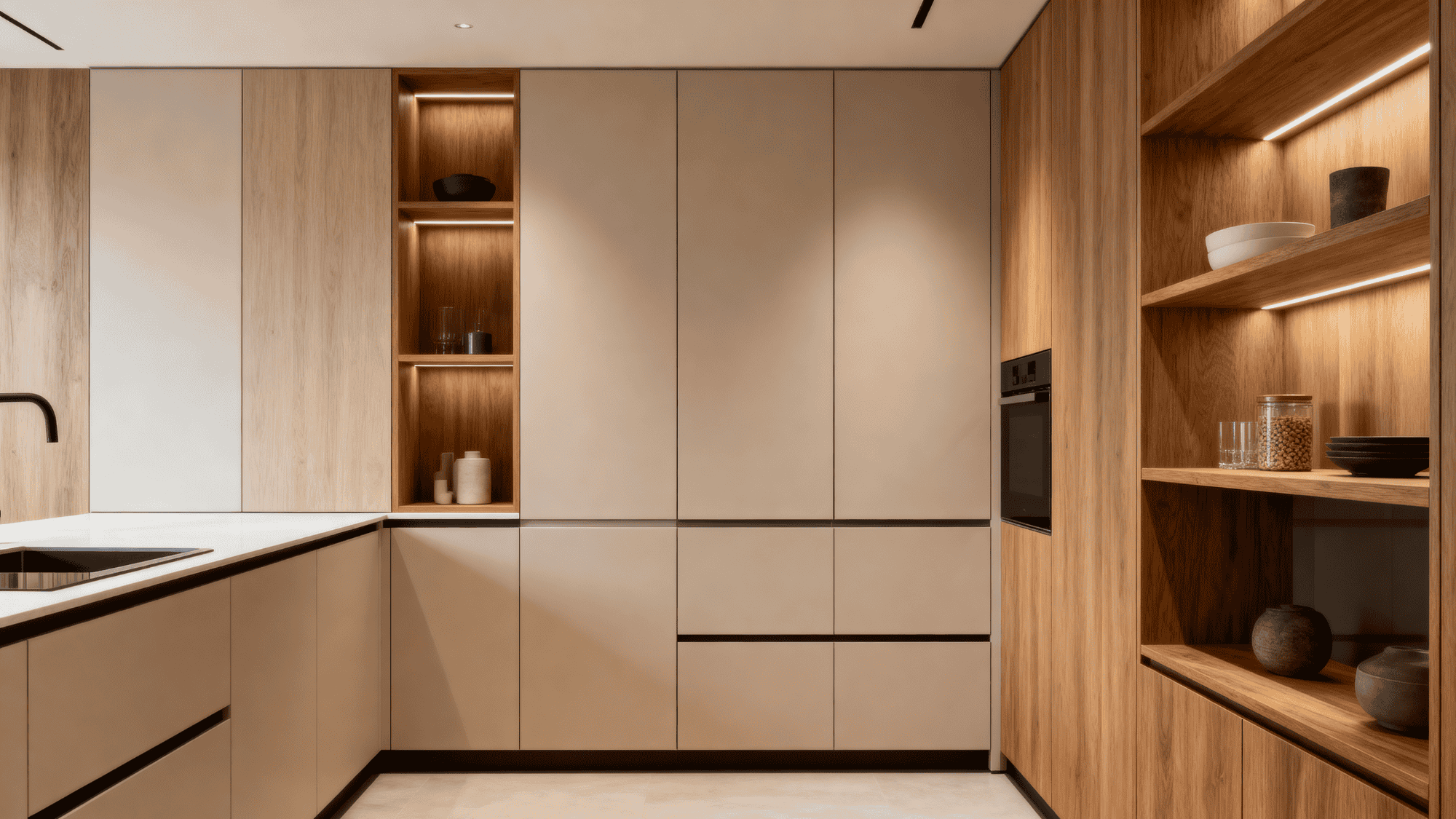 Kitchen with mix of open shelves and floor-to-ceiling cabinets