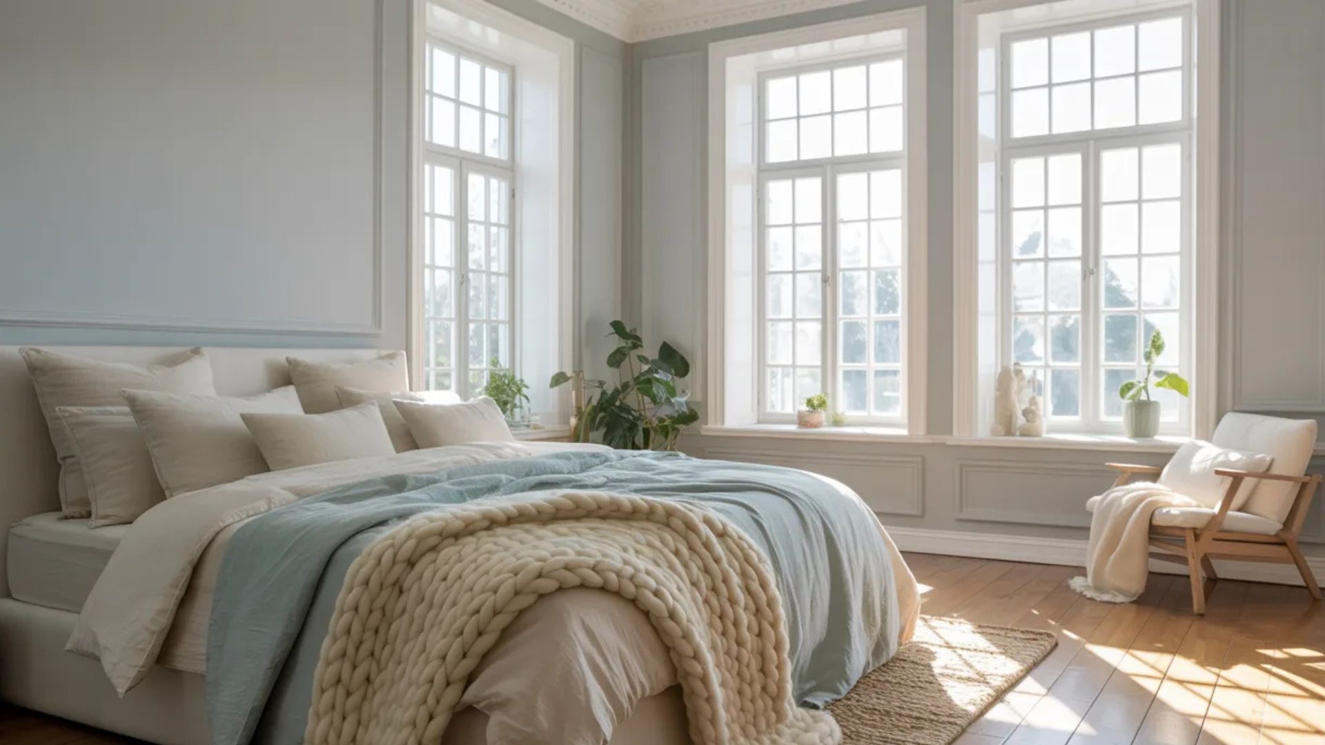 Light gray walls with white trim in a cozy bedroom