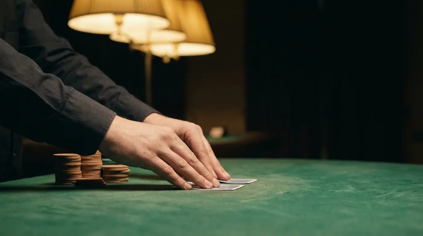 Dealer arranging playing cards on green poker table under warm lamp lighting