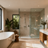 Luxurious master bathroom with freestanding tub, glass walk-in shower, double vanity, marble countertops, and natural light from large windows