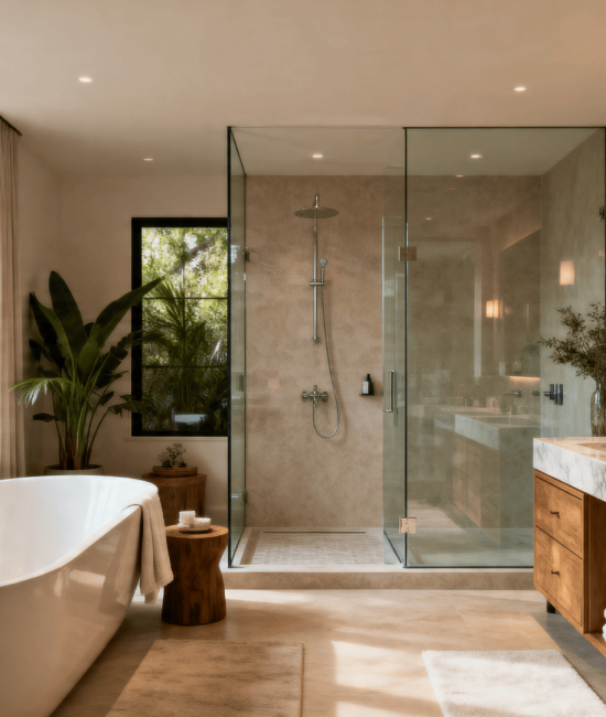 Luxurious master bathroom with freestanding tub, glass walk-in shower, double vanity, marble countertops, and natural light from large windows