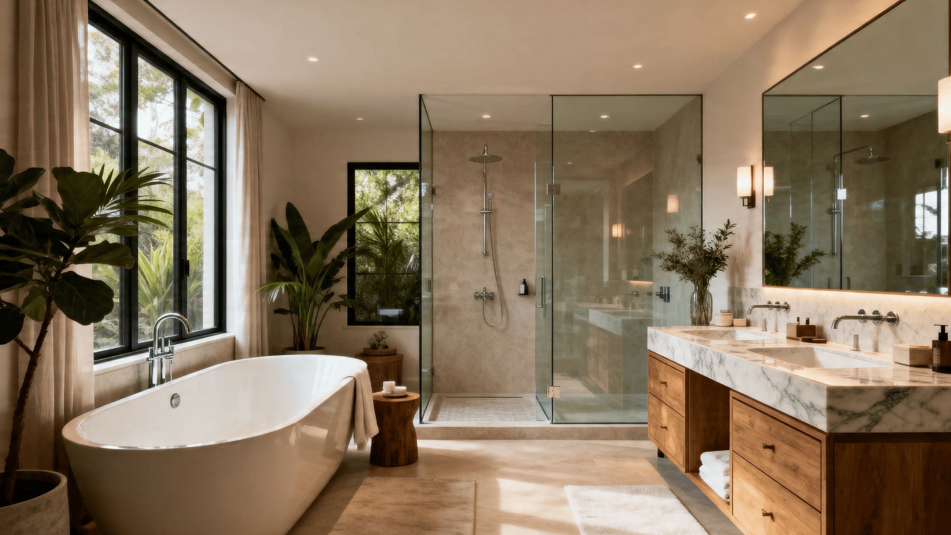 Luxurious master bathroom with freestanding tub, glass walk-in shower, double vanity, marble countertops, and natural light from large windows